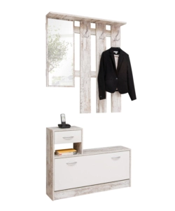 MOBILE DA INGRESSO CON SPECCHIO E APPENDIABITI BIANCO ANTICATO, 100X180X25 CM